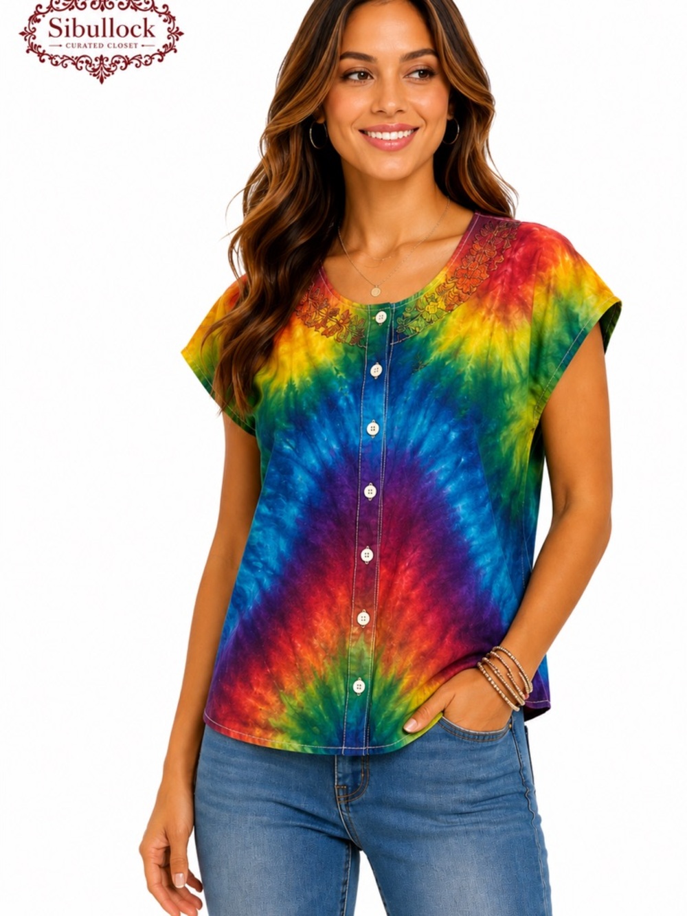 Sacred Threads Tie Dye Embroidered Boho Top Rainbow India NWOT 100% Cotton Med